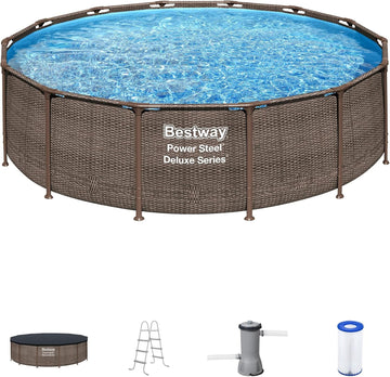 Power Steel 14' x 42" Above Ground Pool, Round Metal Frame Outdoor Swimming Pool Set with Filter Pump, Ladder, and