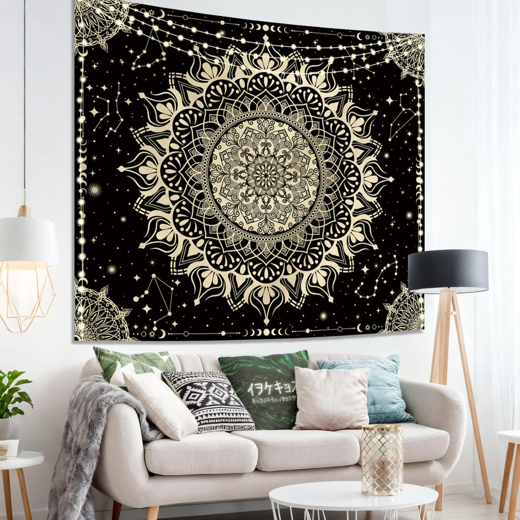 Boho Mandala Tapestry, Black Hippie Ceiling Tapestries