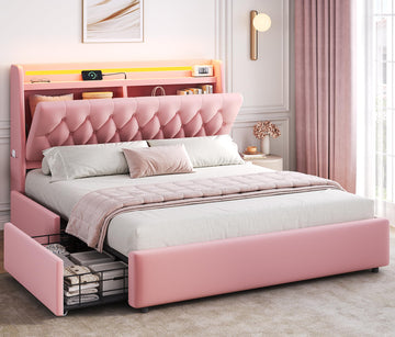 Full LED Velvet Bed Frame with 2 Storage Drawers&Hidden Headboard, Upholstered Platform Bed with Charging