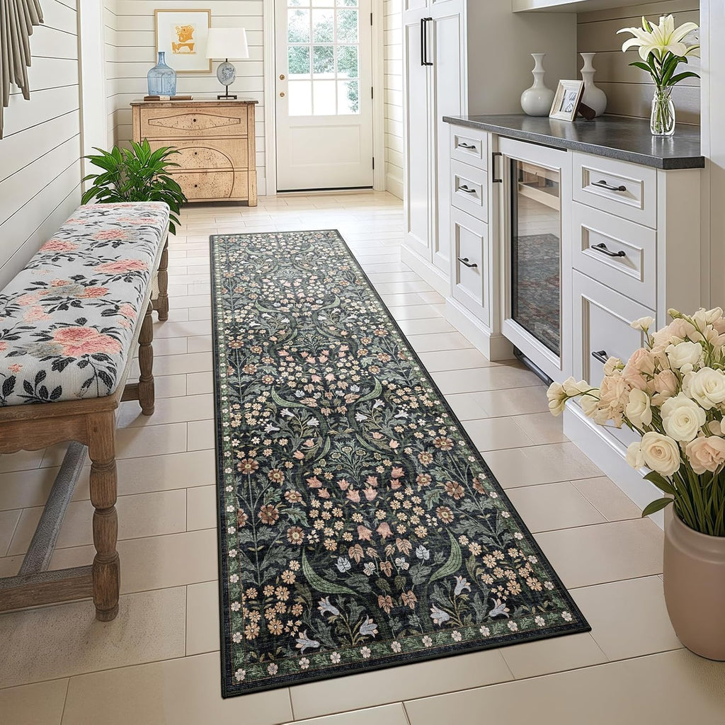 Washable Runner Rug Black Boho Floral Kitchen Bedroom