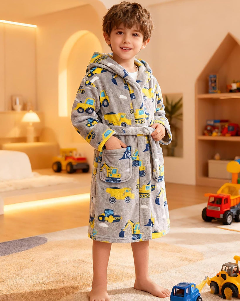Boys Fleece Robe, Hooded Toddler Soft Fuzzy Bathrobe for Kids