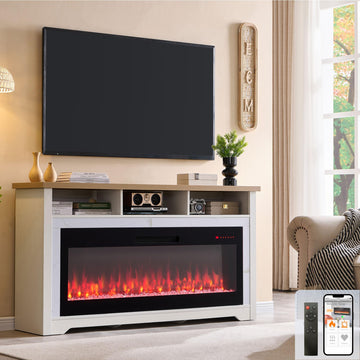 60" Fireplace TV Stand w/50 Smart Electric Fireplace, APP & Voice Control, Simulated Marble Entertainment Center for