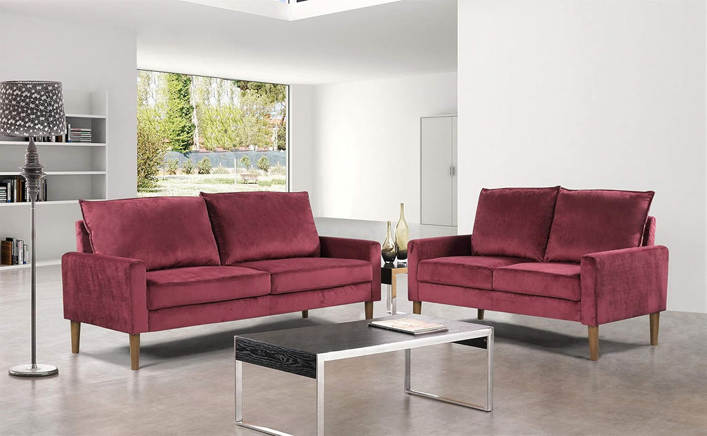Petit Mid Century Modern Velvet Loveseat , Upholstered 2 Seater Couch , Easy Assembly, Purple