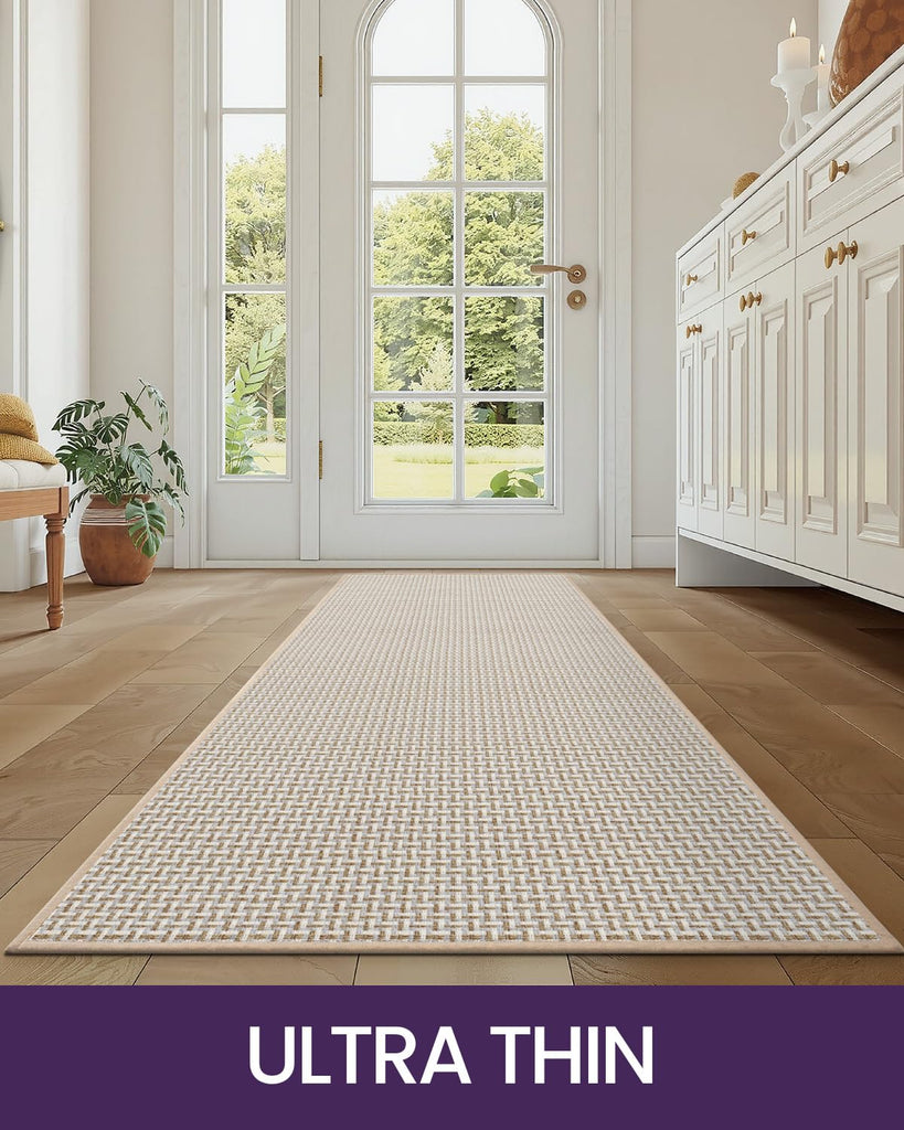 Th Runner Rug 2'4"x8', Non Slip Entryway Rugs, Beige White