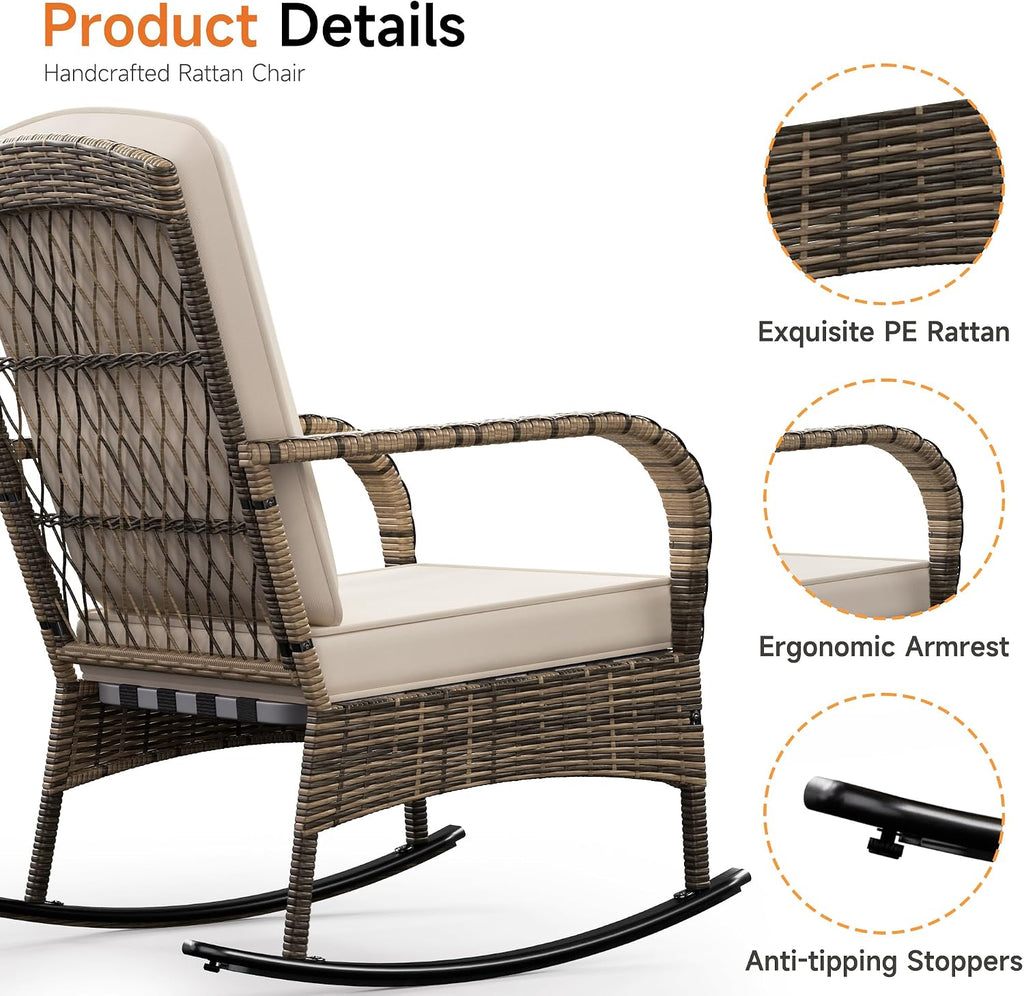 3-Piece Wicker Rocking Bistro Set, Outdoor Rattan Chairs | Rattan Table Design | Cushioned Rocking Chairs | Outdoor