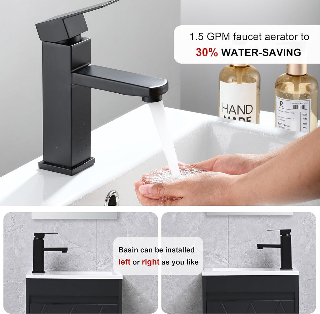 16-Inch Bathroom Vanity Sink Combo for Small Spaces – Wall-Mounted Cabinet Set with White Resin Basin Sink, Black Faucet and Pop-Up Drain, Black