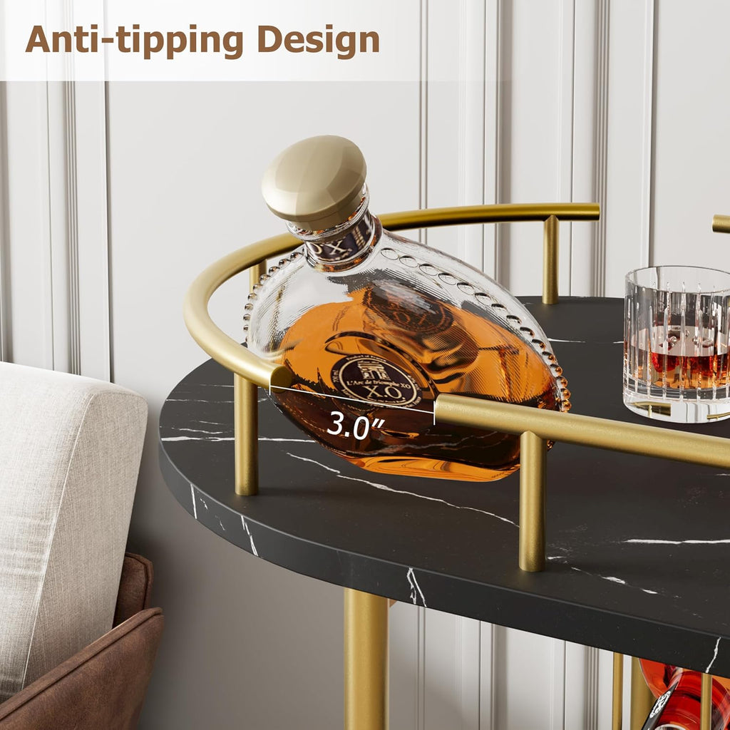 Modern 3-Tier Bar Cart with Wine Rack & Glass Holder | Rolling Serving Cart , Dining, Living Room, Black Marble