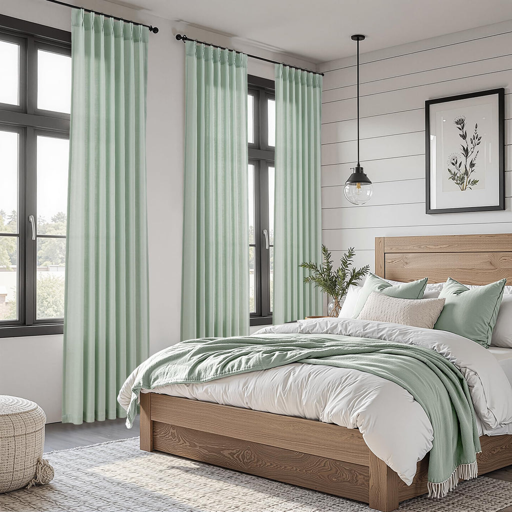 Pinch Pleat Linen Curtains 90 Inches Long Bedroom Semi Sheer Light Filtering Back Tab Aqua Green Rustic Farmhouse