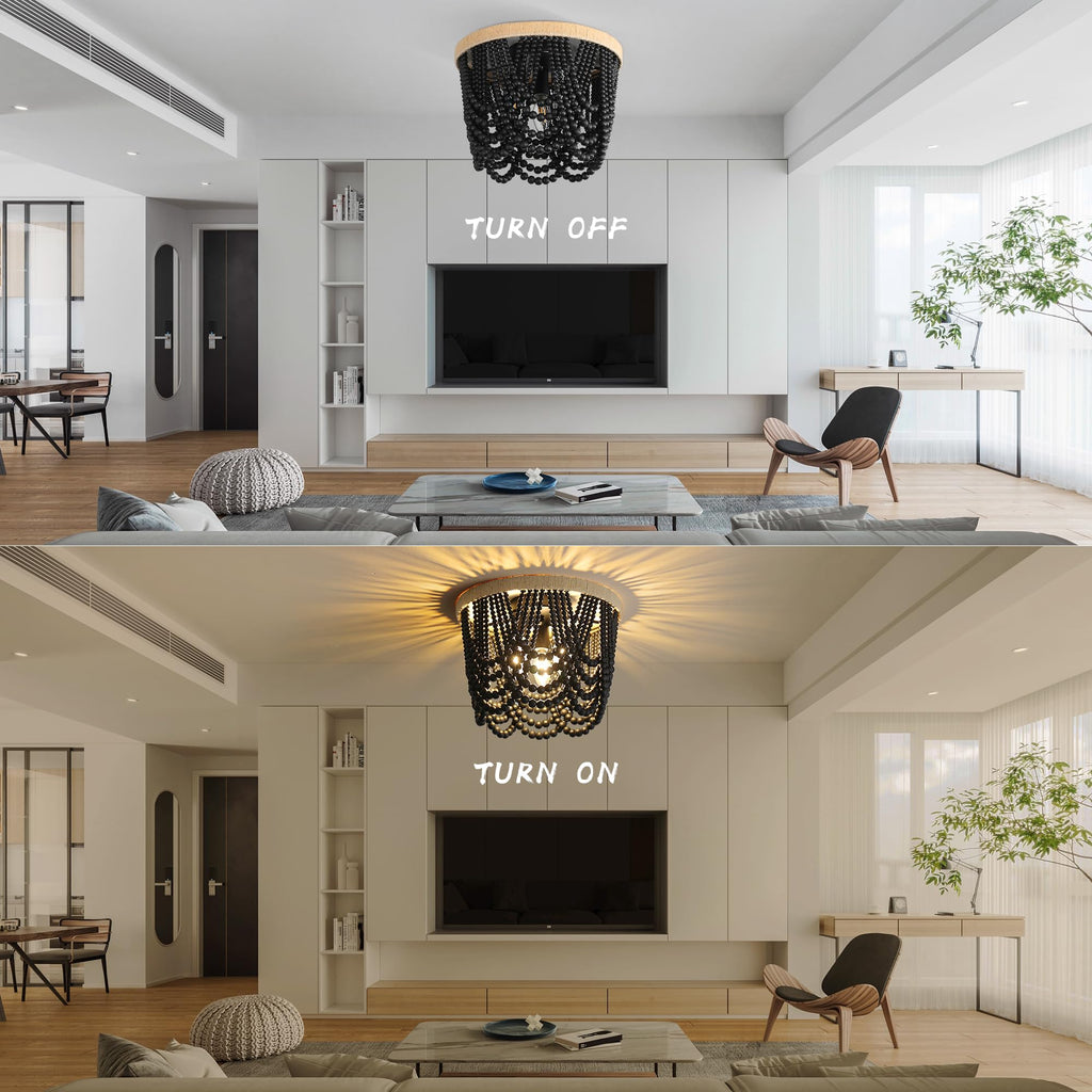 RyalQ 3-Light Black Wood Beaded Flush Mount Ceiling Light, Rustic Farmhouse Boho Small Chandelier, Vintage Decor