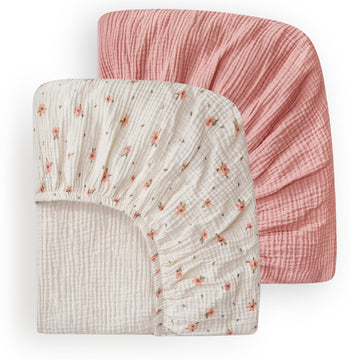 Muslin Crib Sheets, 2 Pack, Pink Floral & Light Pink