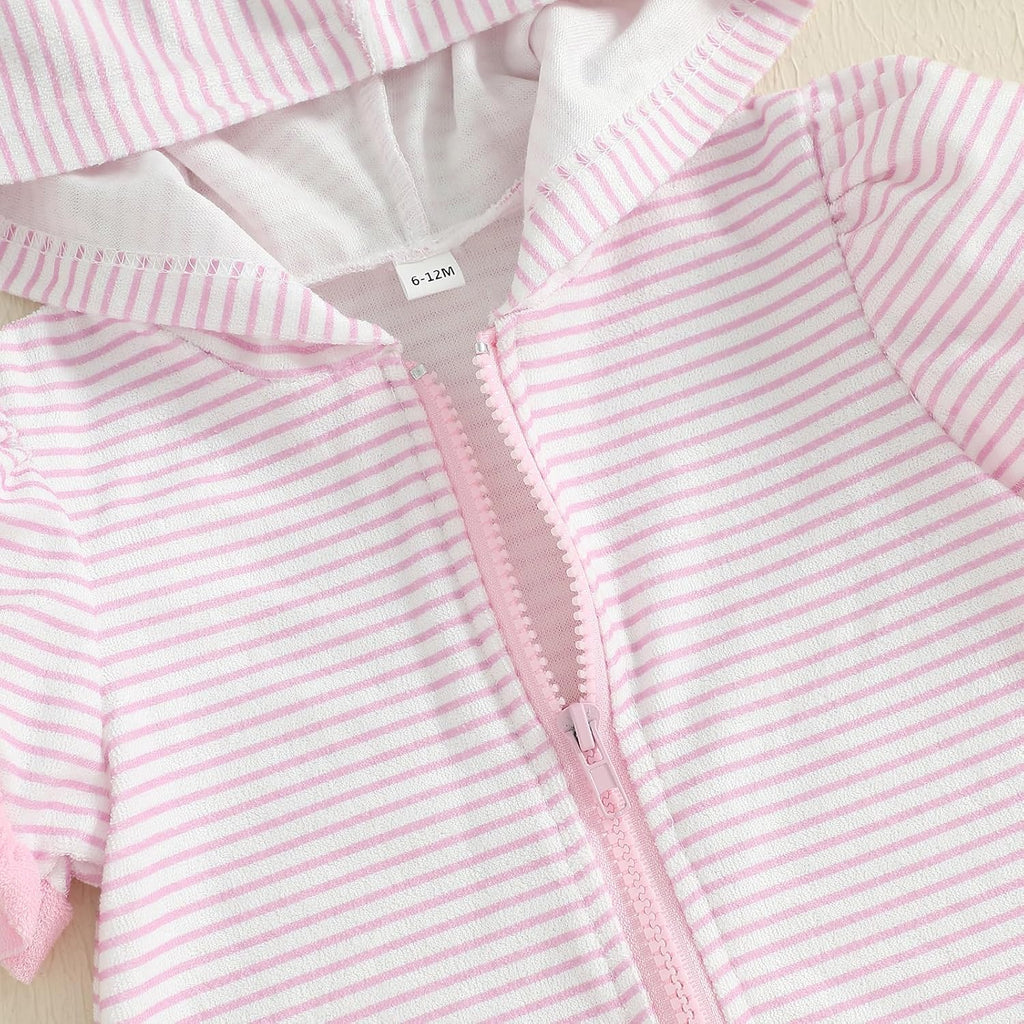 Girls Striped Swim Cover Up Beachwear Short Sleeve Zip Up Hooded Terry Swim Coverups One Piece Swimsuits Swimwear