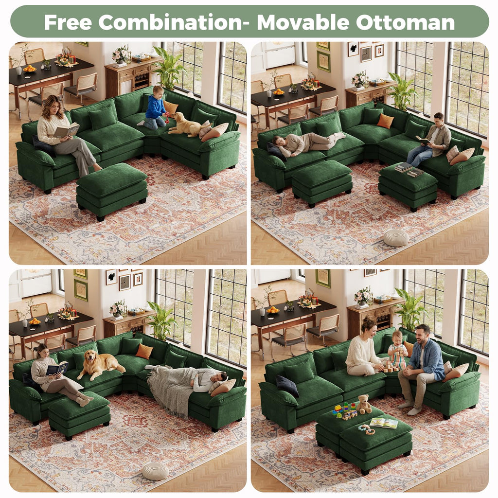 117" Oversized V-Shaped Modular Sectional Cloud Couch with Corner, Comfy 7-Seat Sofa w/ 2 Ottomans, Chenille Deep