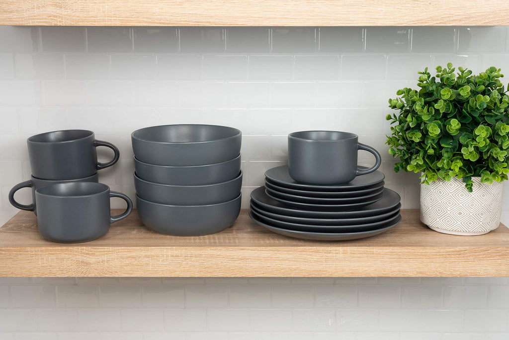 Wazee Matte Coupe Dinnerware Set, 16 pc, Charcoal Gray