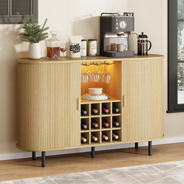 55" Fluted Wine Bar Cabinet with LED Light Oak