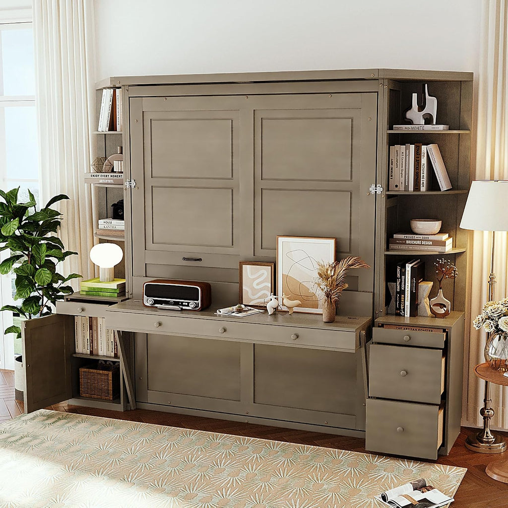 Queen Murphy Bed with Desk and Storage, Hidden Wall Bed with Foldout Workstation, Shelves and Cabinets for