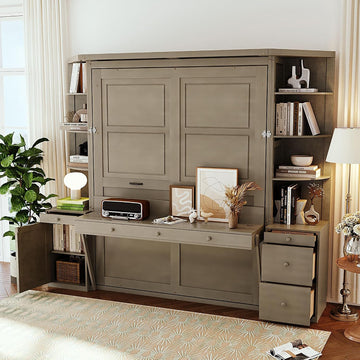 Queen Murphy Bed with Desk and Storage, Hidden Wall Bed with Foldout Workstation, Shelves and Cabinets for