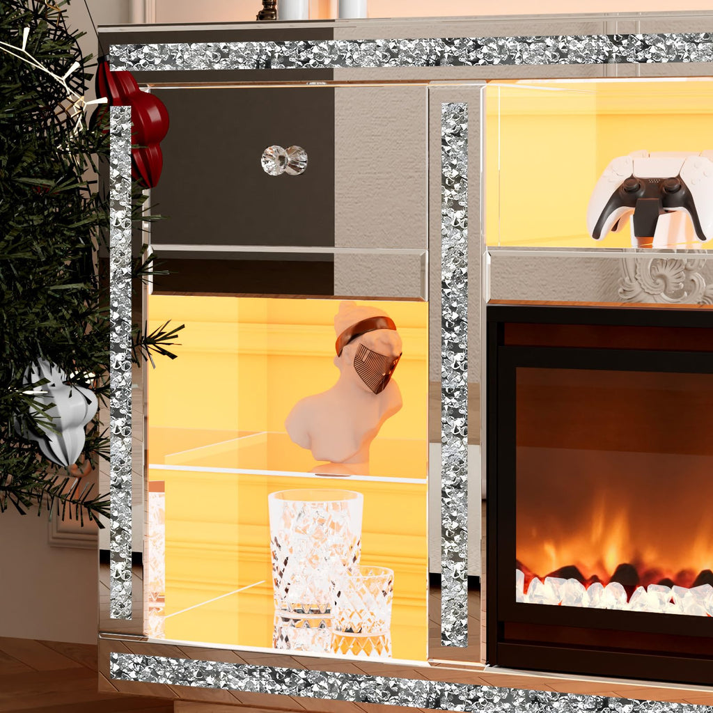 Mirrored TV Stand with Fireplace for 70 Inch TVs