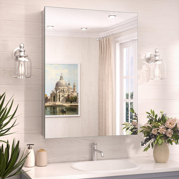 24x32 Mirrored Medicine Cabinet Recessed or Wall Mount, Aluminum Tempered Silver Bathroom Medicine Cabinet with