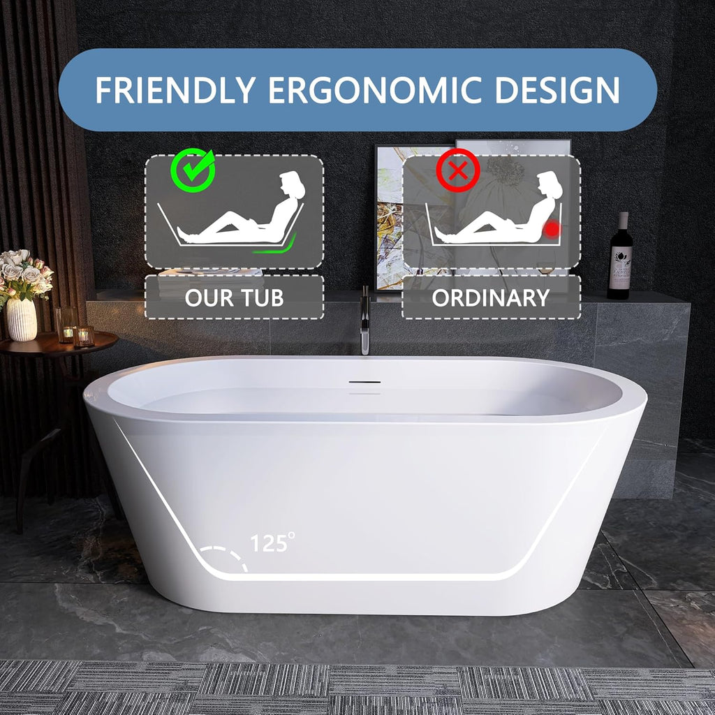 64" Free Standing Tub, Pure Acrylic Freestanding Bathtub, Stylish Stand Alone Contemporary Deep Soaking Bath Tub