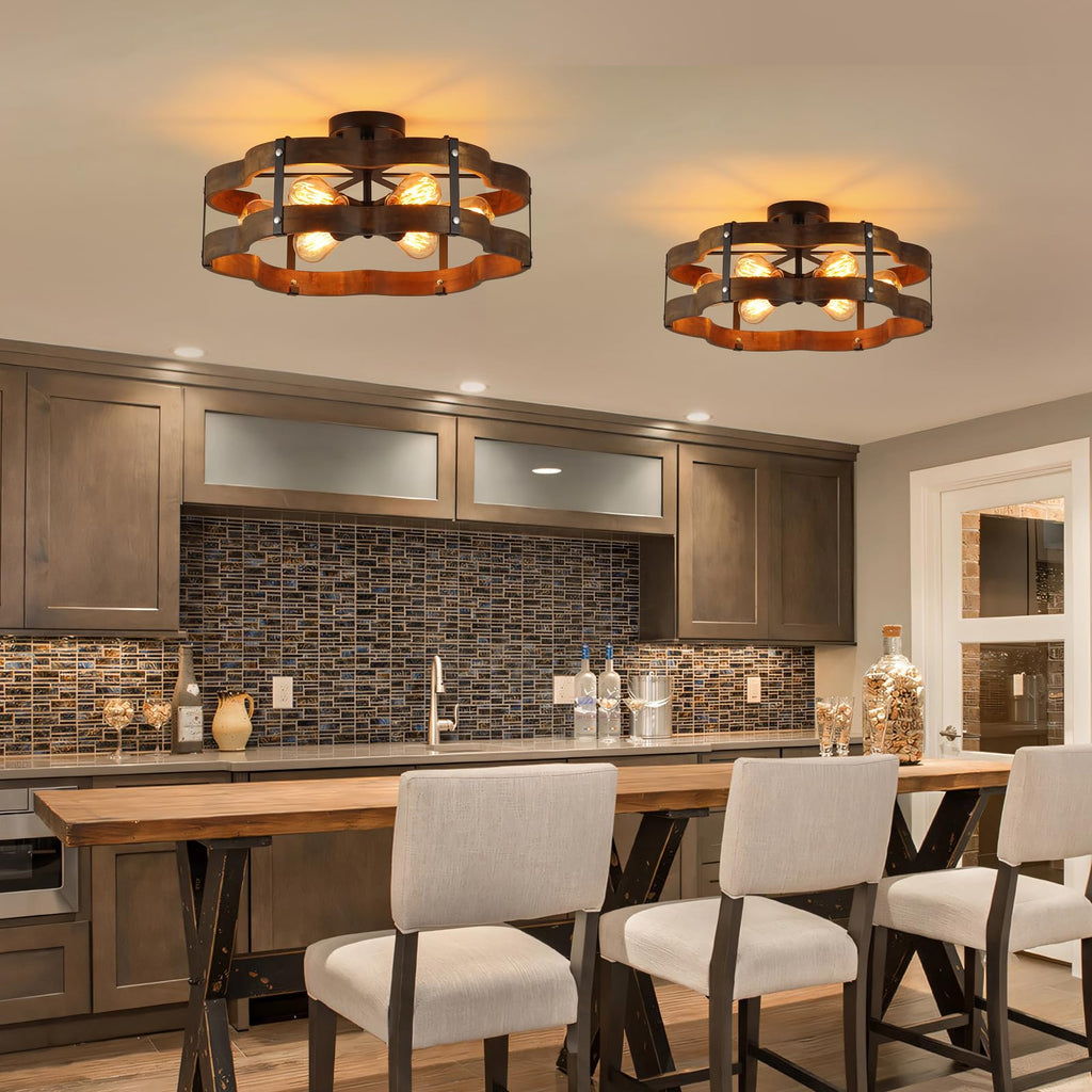 6-Light Rustic Farmhouse Wood Flush Mount Ceiling Light Fixture 20 inch Oak Wood and Metal Cloud Cage Semi Flush