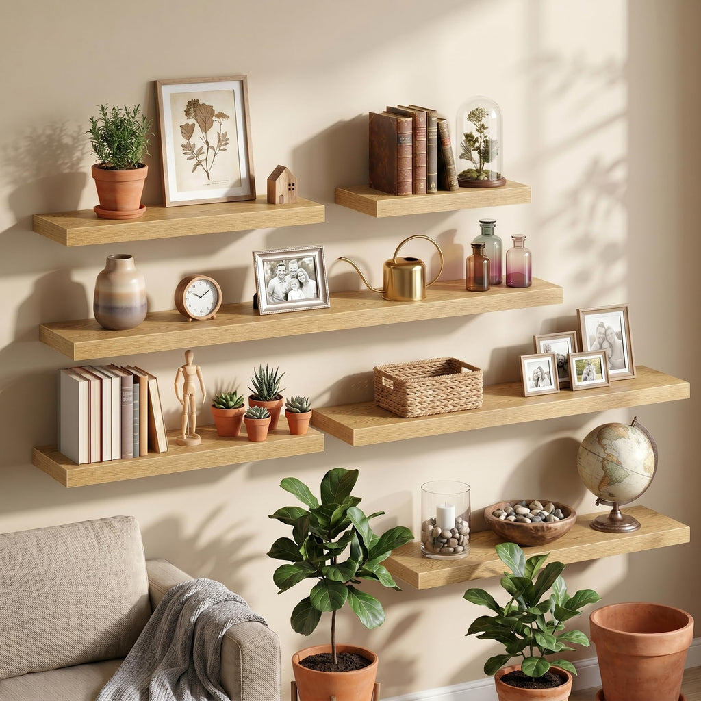 24 Inch Floating Shelves - 8 Inch Deep Rustic Oak Wooden Wall Shelves - Extra Deeper & Thicker Wall Mounted Storage