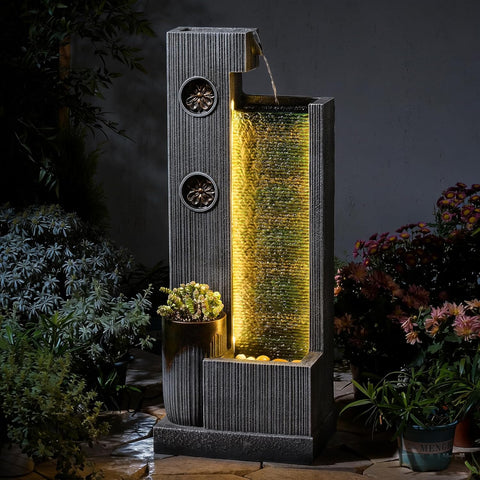 37’’ Tall Waterfall Fountain Indoor Modern Outdoor Water Fountains with LED Light,Vertical Striped Texture Floor