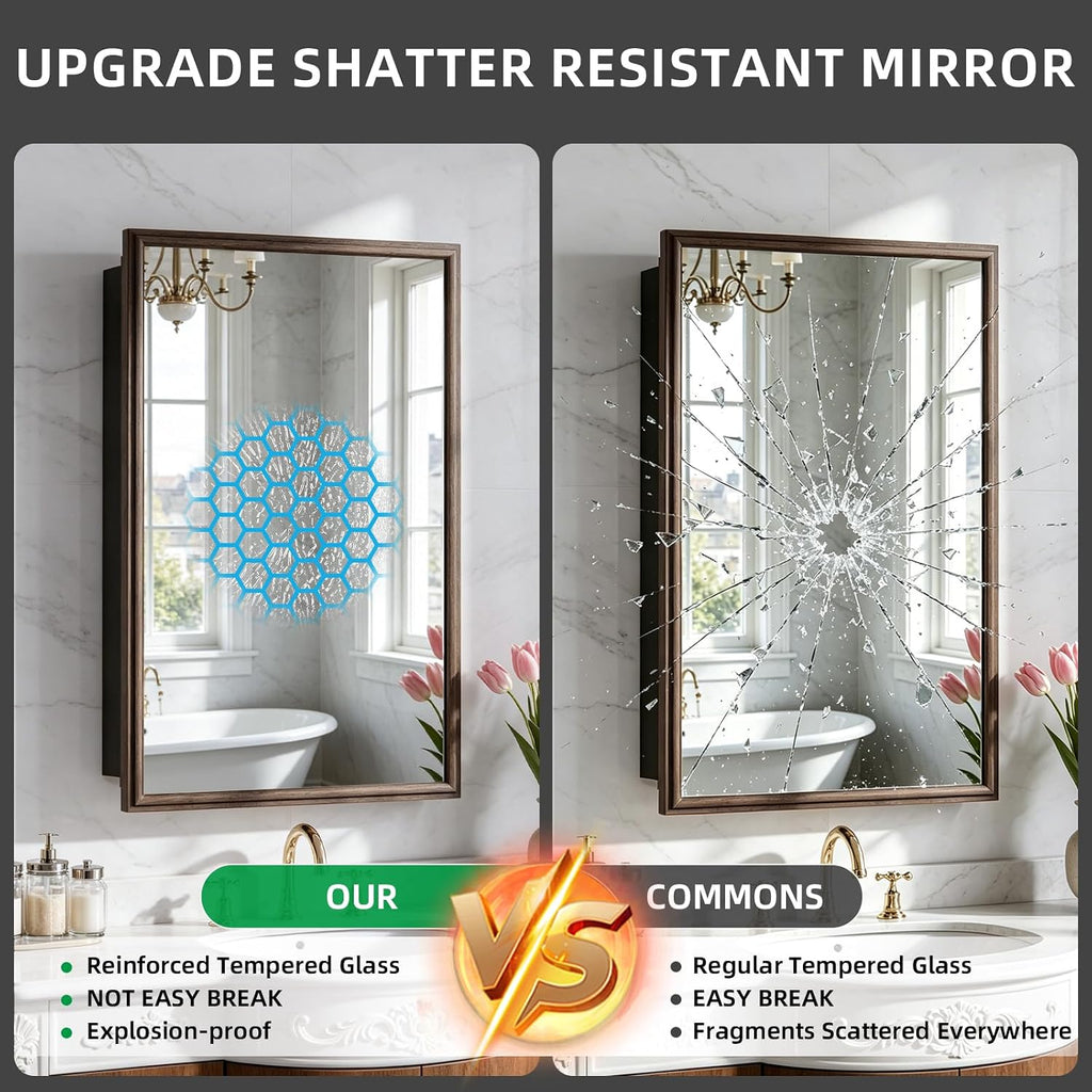 Recessed Medicine Cabinet Mirror with Storage,Brown Aluminum Medicine Cabinet Frame Mirror,Tempered Glass,Mount