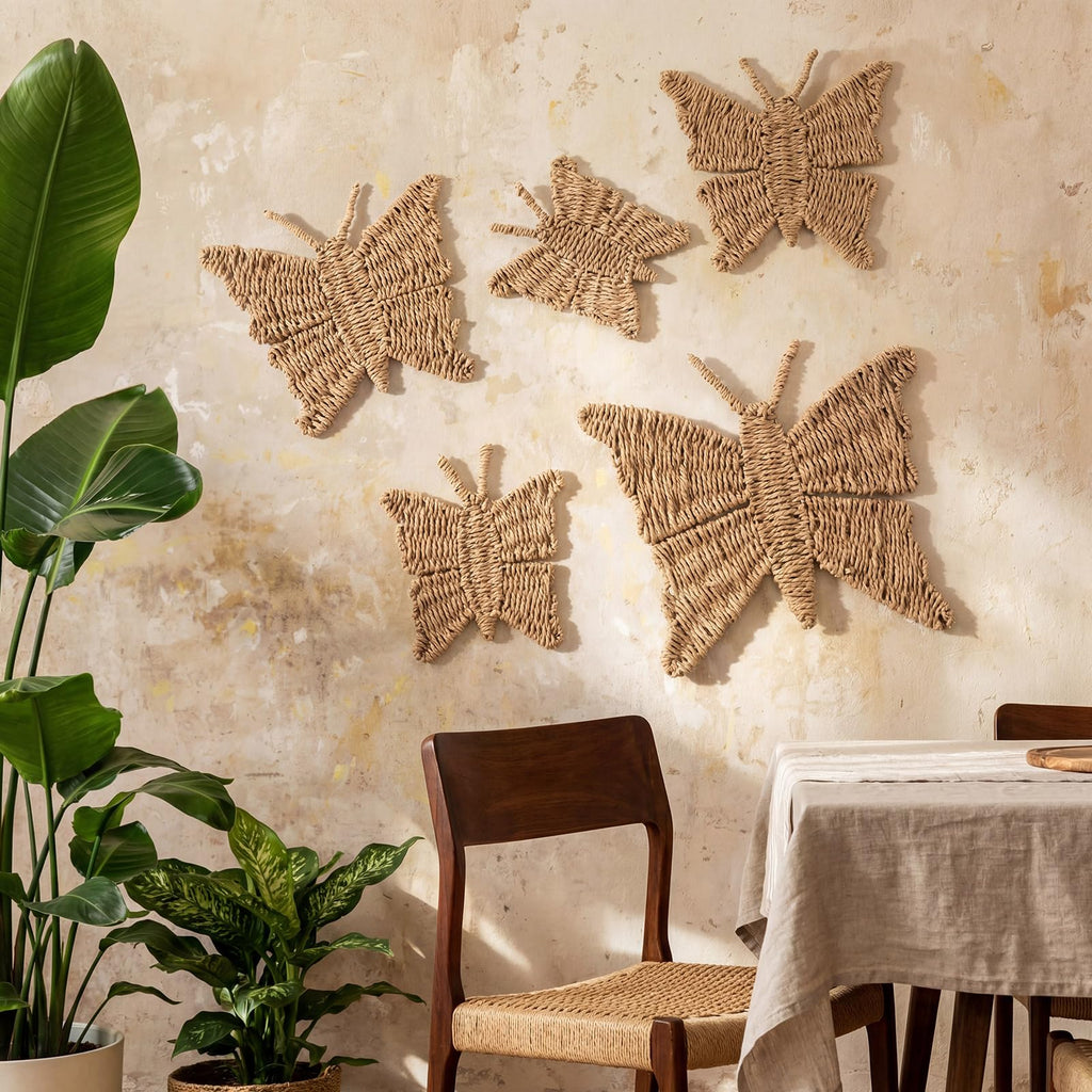 5 Pcs Butterfly Wicker Wall Decor 3 Size Spring Natural Rattan Decor Boho Wall Art Rustic Cottagecore Hanging