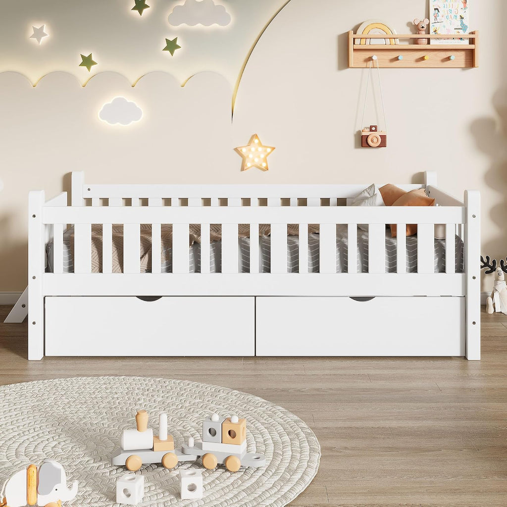 Kids Montessori Floor Bed with Storage Drawers, White