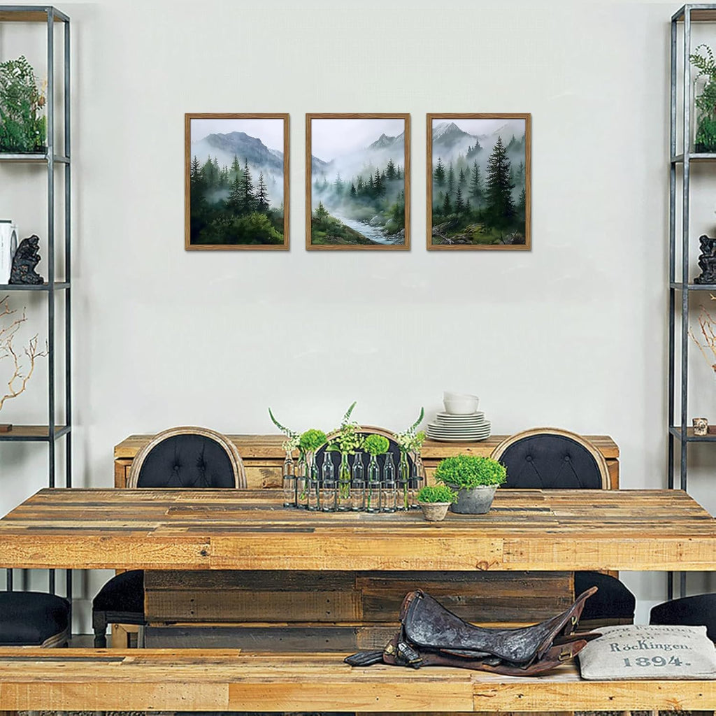 Framed Forest Wall Art Set of 3, Misty Mountain Landscape Canvas Wall Decor Paintings, Nature Tree River Scenery