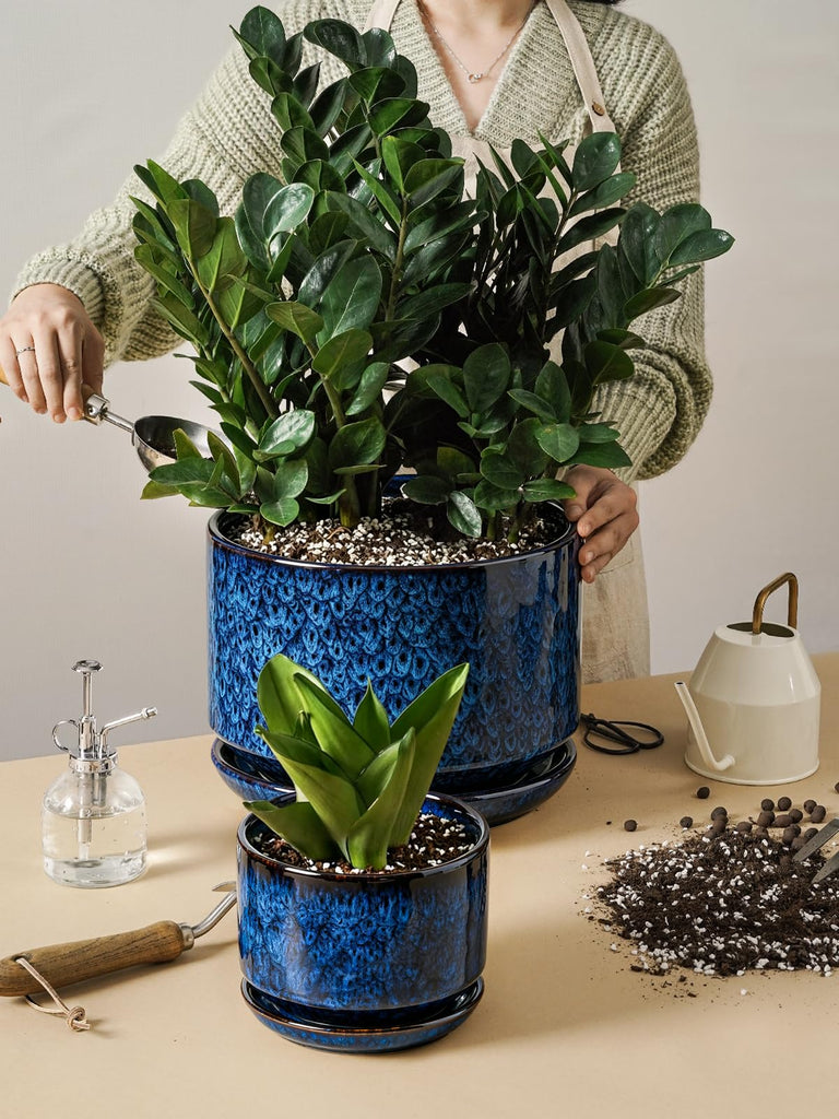 10 + 12 Inch Ceramic Plant Pots, Set of 2, Obsidian Blue