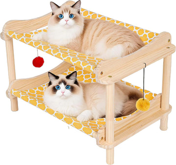 2-Layer Cat Hammock Bed, 24"x15.7"x16.3" Elevated Cat Bed with Pine Wood Frame, Breathable Washable Covers, Wooden