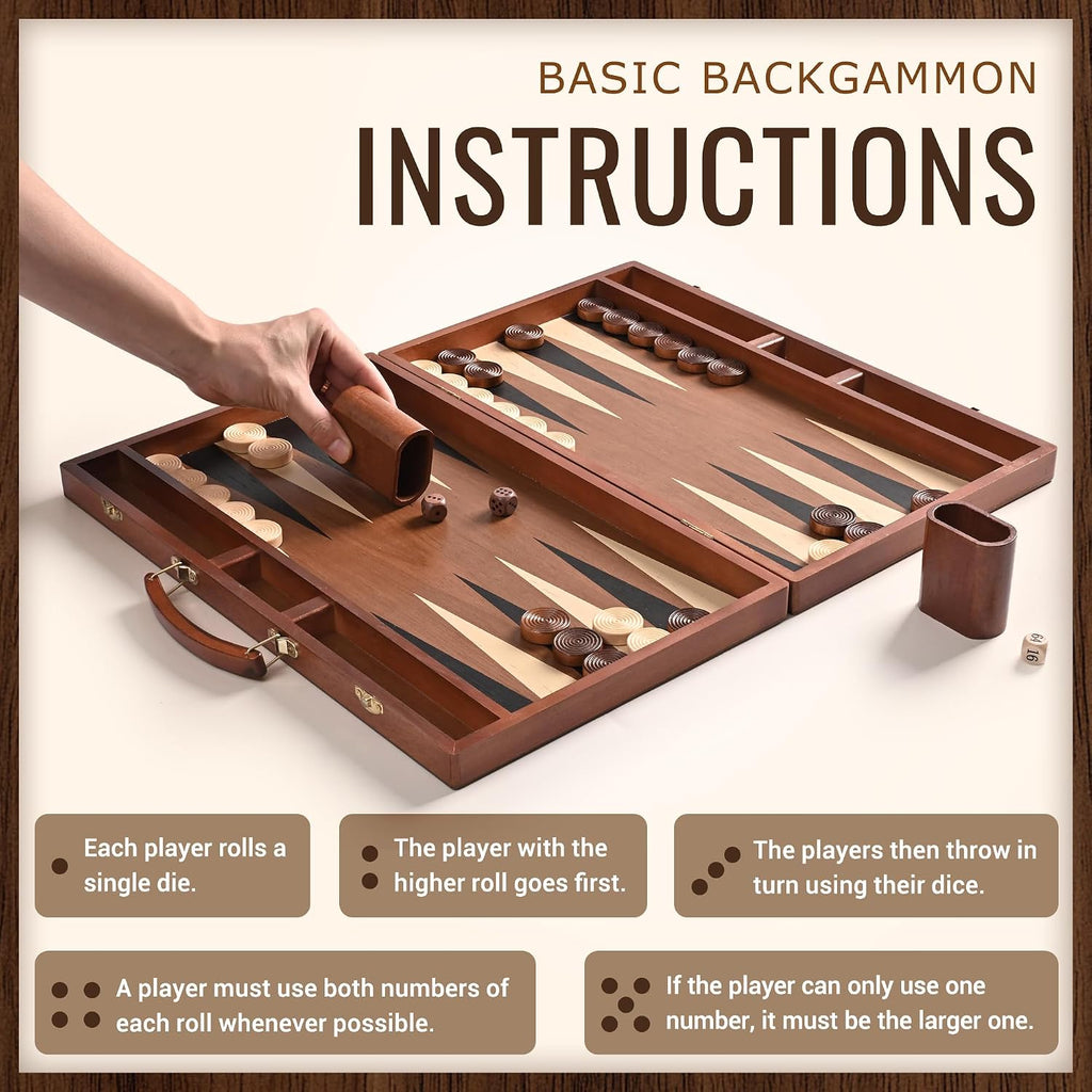 Sapele Wood Backgammon Board Game Set (18 Inches) for Adults and Kids - Classic Board Strategy Game - Portable