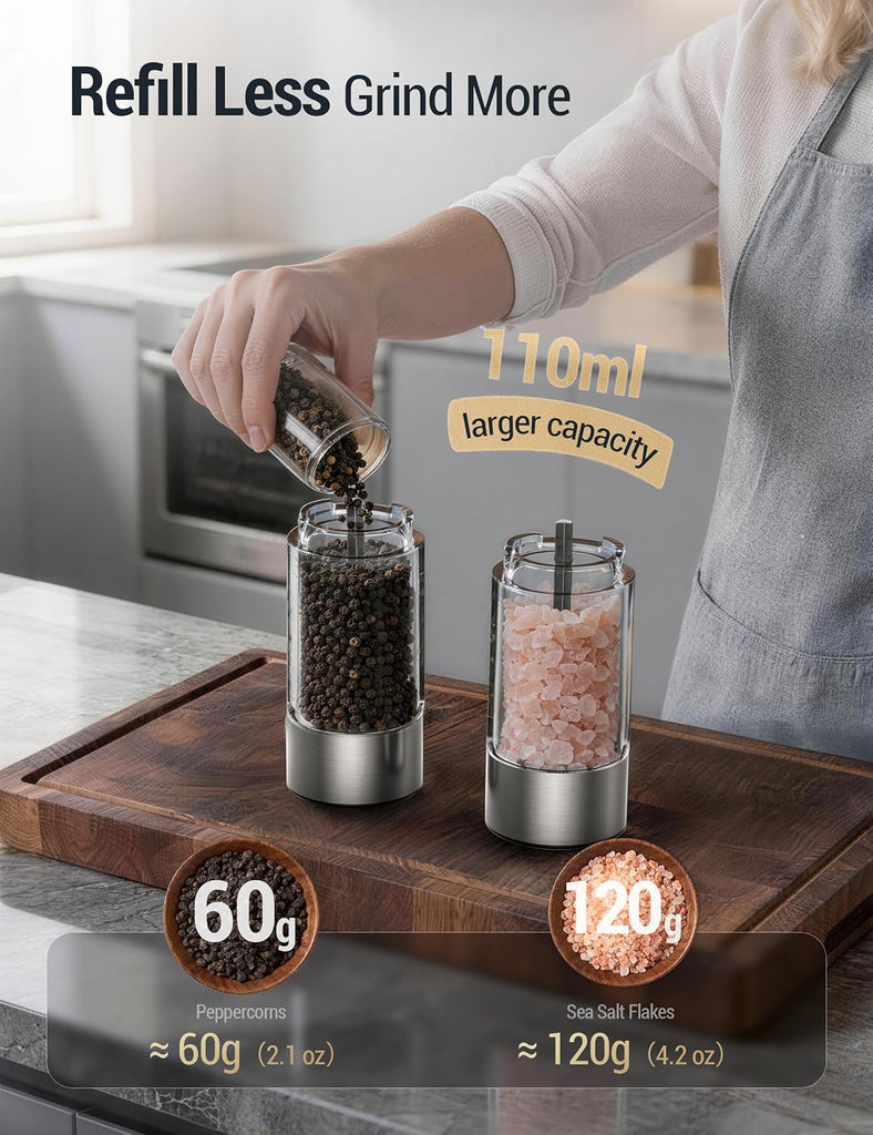 Upgraded Larger Capacity Electric Salt and Pepper Grinder Set, 110ml Rechargeable Salt and Pepper Shaker with LED - Set of 2