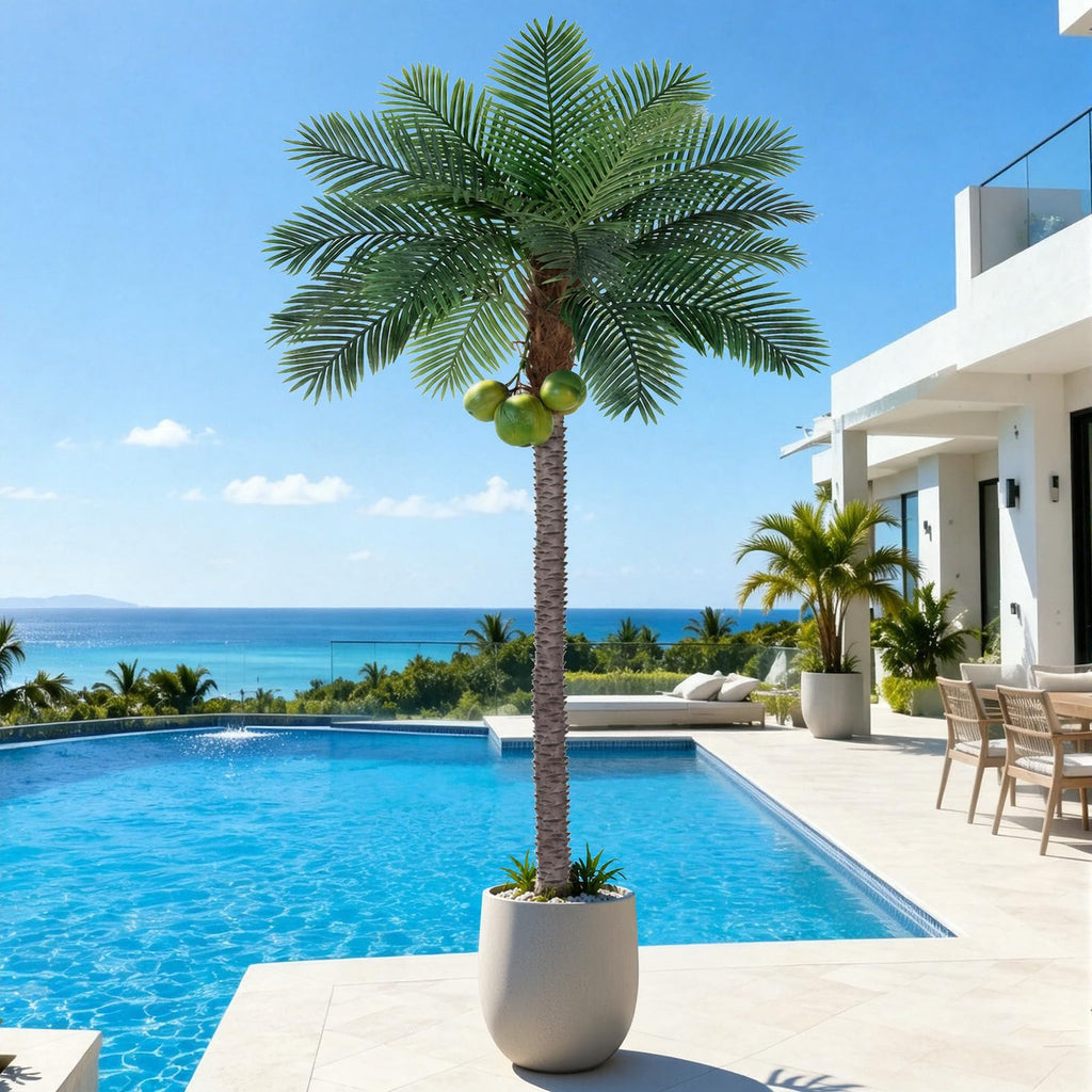 9ft Tall Artificial Phoenix Palm Tree with 3 Coconut Fruits, Large Fake Tropical Silk Tree Outside, Fake Tree Perfect