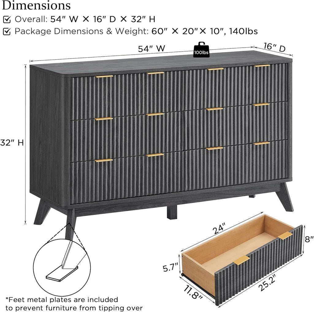54" Wide Fluted 6 Drawer Dresser , Dark Walnut | Mid Century Modern, Curved Profile, Metal Handles, Anti-tip Kit