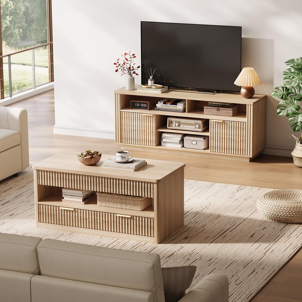 Mid Century Modern Fluted TV Stand for 65" TV, Natural Oak | Large Sturdy TV Console Table with with Storage Cabinet