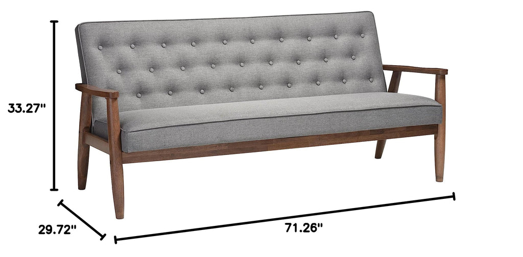 Sorrento Mid-Century Retro Modern Fabric Upholstered Wooden 3-Seater Sofa, Grey 70.59 x 29.45 x 32.96