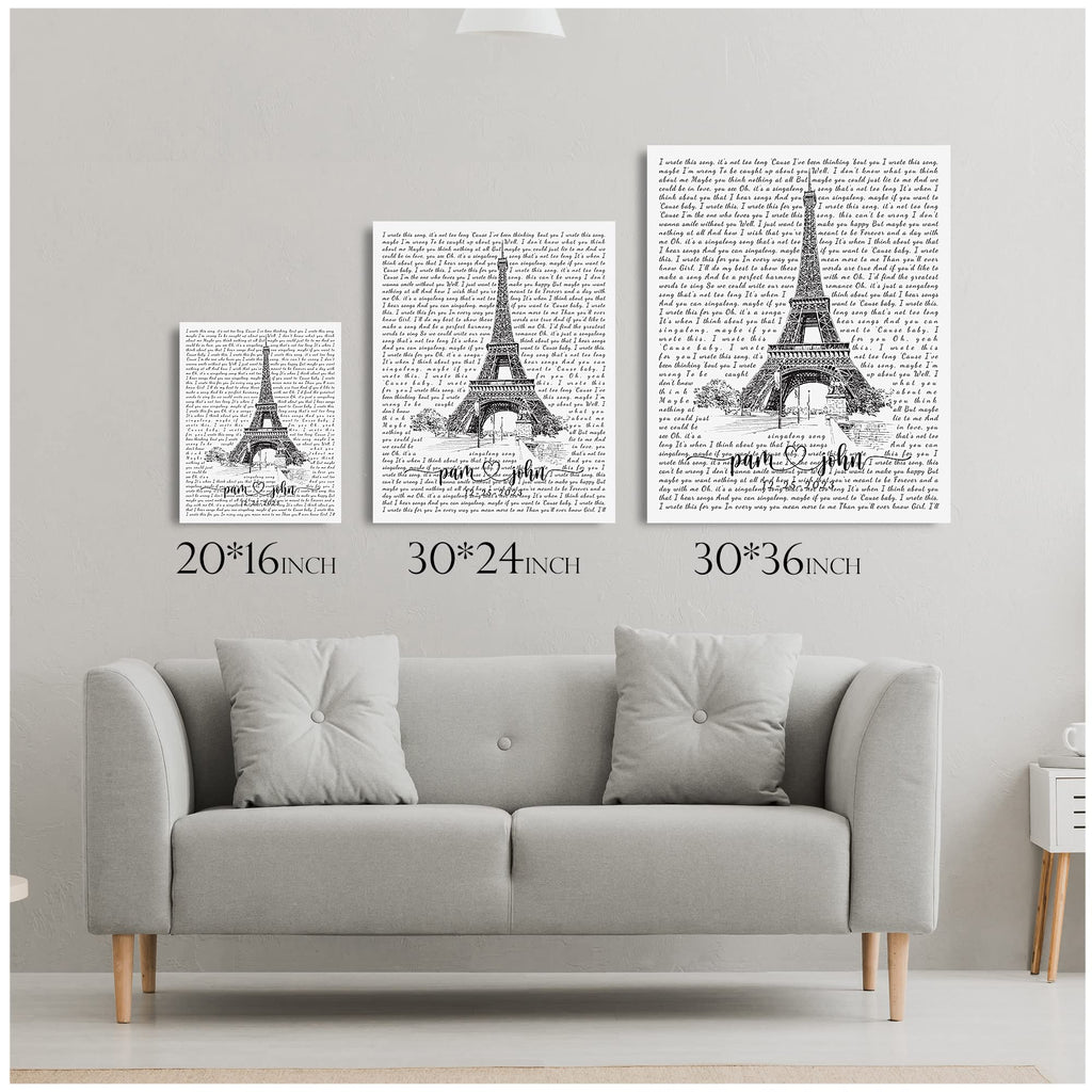 Custom Song Lyrics Paris Eiffel Tower Wall Photo or Canvas Prints with Couple's Names and Special Date on it, Perfect
