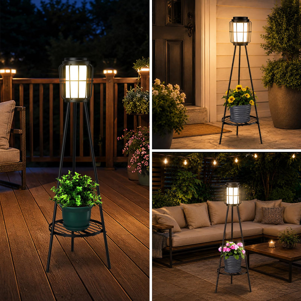 2 Pack Solar Lights with Plant Stand, Outdoor Floor Lamps, Waterproof Solar Powered Floor Lamps Deck Porch Yard