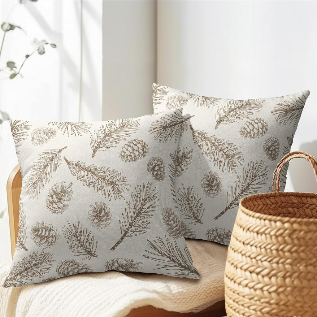 Winter Pinecone Pillow Covers 18 x 18 Inch Christmas Pine Cone Pattern Decoration Pillow Case Pine Needle - Set of 2