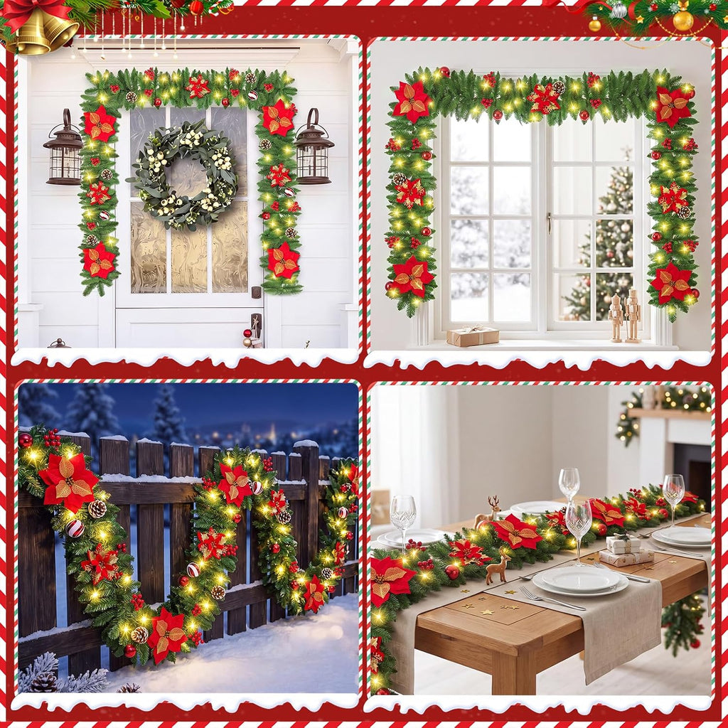 9FT Pre-Lit Christmas Garland with Lights, Battery Operated with Timer