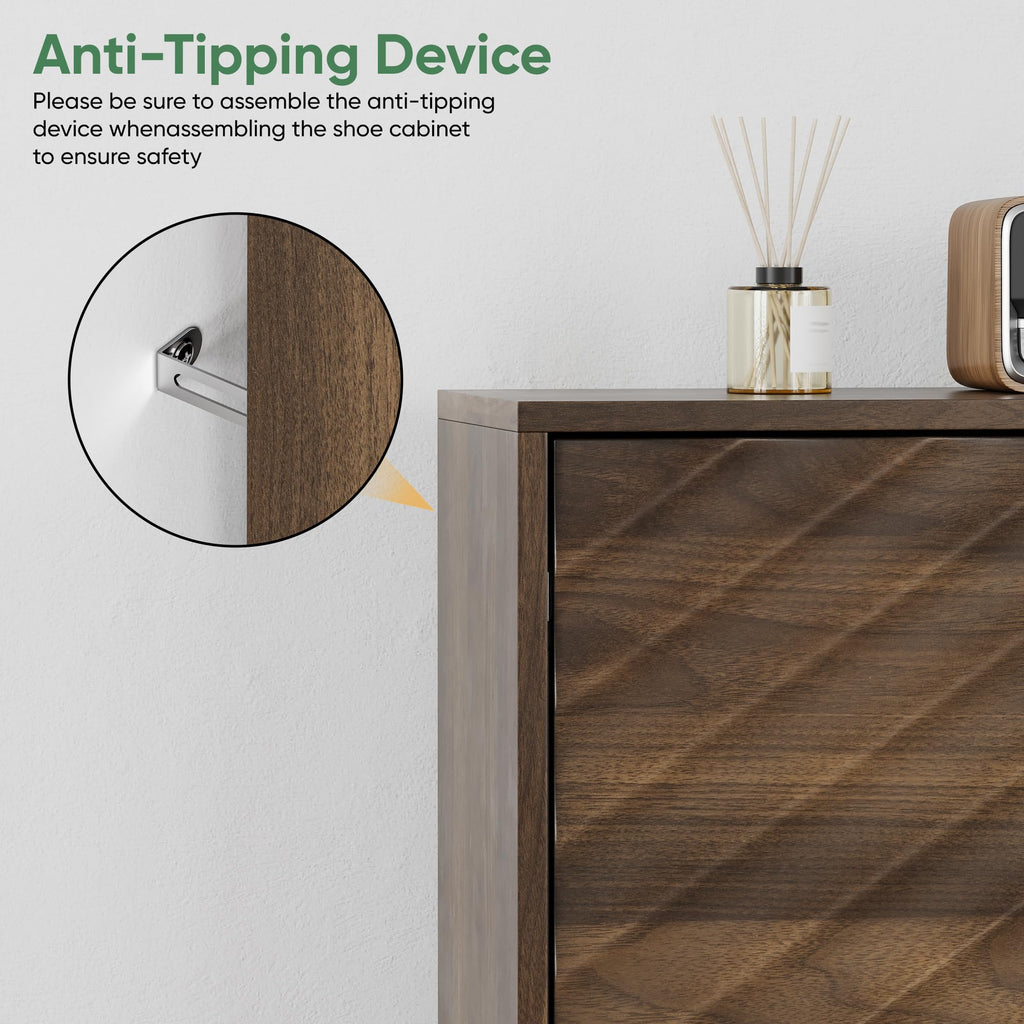 Shoe Storage Cabinet with Textured Diagonal Lines Doors 2 Flip Drawers, Walnut Narrow Shoe Cabinet Storage