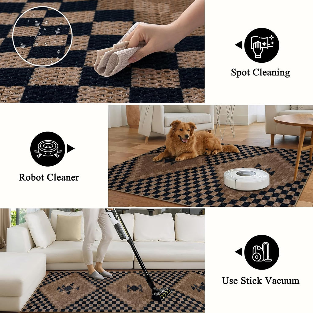 Easy Jute Runner Rugs 2x10, Non Slip Washable Rug Runner, Checkered Extra Long Rugs s, Ultra Thin Farmhouse Kitchen