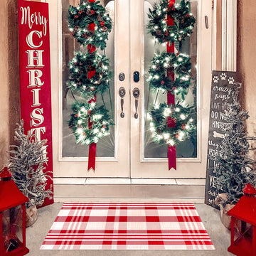 Christmas Door Mat Red and White Plaid Rug 28 x 43 Inch, Cotton Woven Christmas Checkered Front Door Mat and Covered