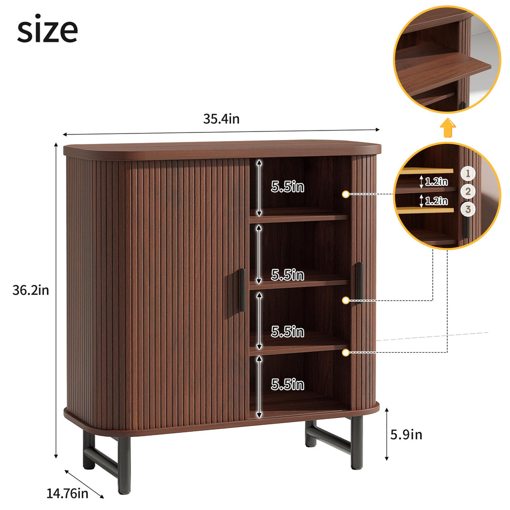 Shoe Storage Cabinet with Smooth Fluted Sliding Doors, 4-Tier Shoe Cabinet Storage, Narrow Hidden Shoe Rack for