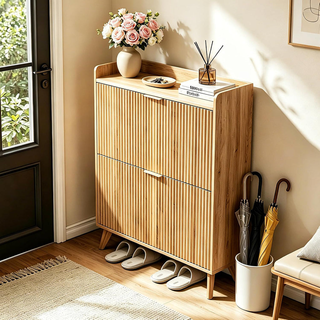 Fluted Shoe Cabinet Storage with 2 Flip Drawers, Wood Narrow Hidden Shoe Organizer with Adjustable Shelf