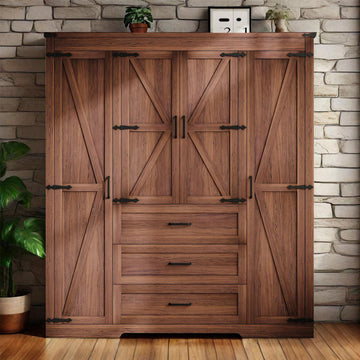 70" Tall Armoire Wardrobe Closet with 4 Doors & 3 Drawers, Farmhouse Bedroom Storage Cabinet with Hanging Rod