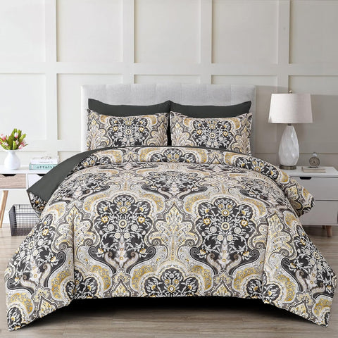 Drucon Boho Paisley Comforter Set Queen, 7 Pieces Bed in a Bag Black Gold Comforter Set