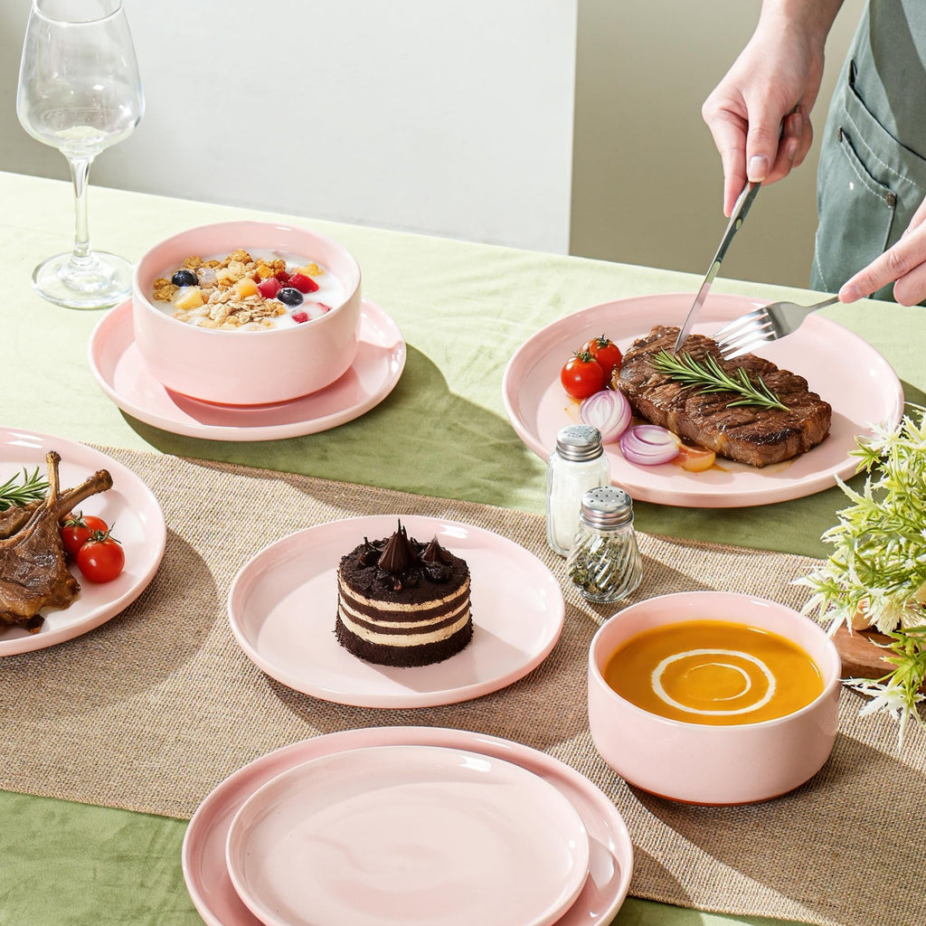 12 Piece Ceramic Plates and Bowls Sets for 4, Elegant Pink
